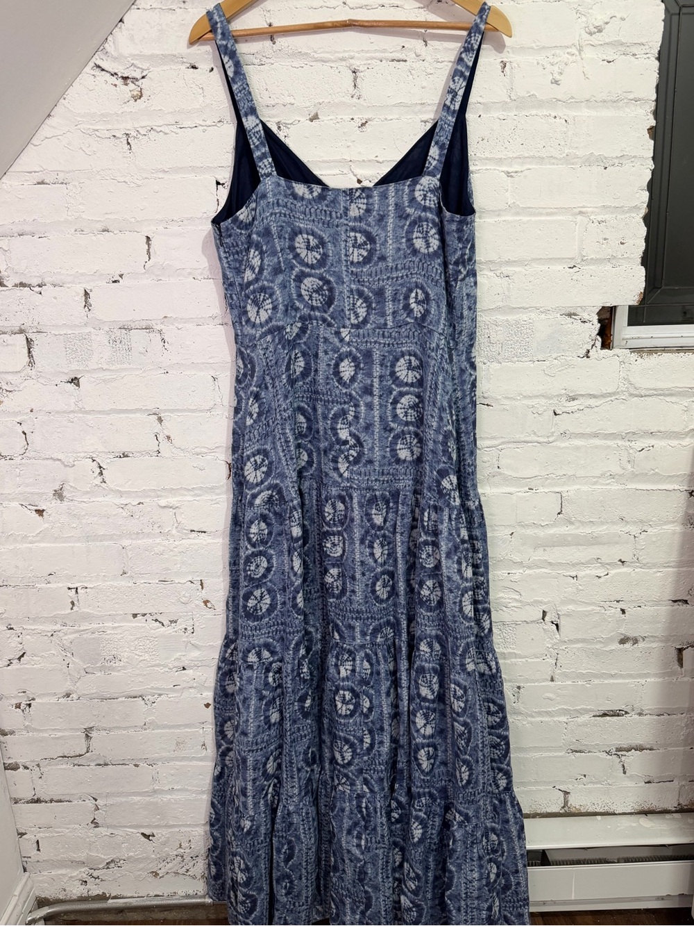 Ralph Lauren Linen Geo Print Maxi Dress Blue White Tiered A-Line Tie Die Size 12 - Picture 7 of 12